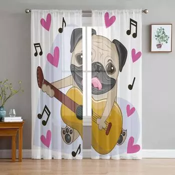 Мопс Собака Музыка Забавная Прозрачная Занавеска Для Гостиной Вуаль Для Оконных Жалюзи Спальня Тюль Драпировка Кухня Cortinas Зал Шторы 1 PCS W100XH250cm