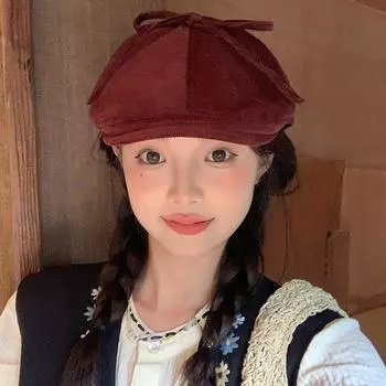 [Моя голова не круглая] Анкола красная вельветовая шляпа с бантом вперед дети показывают маленькие лица и носят береты
