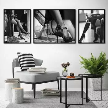 Mordern сексуальные обнаженные женские настенные художественные холсты постеры с принтом черно-белые женские бокалы для вина картина для гостиной спальни домашний декор 21x30cm No Framed