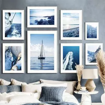 Море, горы, парусные волны, мраморные формы, настенная живопись на холсте, плакаты на скандинавскую тему и принты, настенные панно для декора гостиной 21cm30cm NoFrame