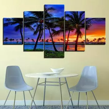Море, пляж, пальма, закат, 5 панелей, холст, картина, печать, настенное искусство, холст, картина, декор для гостиной, без рамки 20x35cm*2 20x45cm*2 20x55cm*1