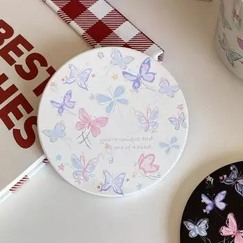Mori Atmosphere Butterfly Print Coaster, Black Creative Absorbent Ceramic Coaster, Thermal Insulation Coffee Gift Diameter 10.2cm