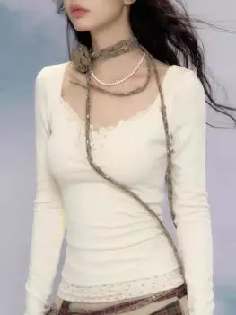 Mori Girl, модные простые белые футболки, женские укороченные топы с круглым вырезом и длинными рукавами, тонкие повседневные футболки, женские эстетические милые поддельные топы из двух предметов, весна 2024 г. S белый