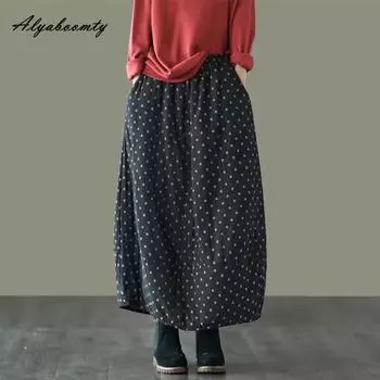 Mori Girl Style Осень-зима Женская мешковатая юбка миди с высокой талией, черная, коричневая, с принтом, свободная, теплая, винтажная, женская юбка One Size