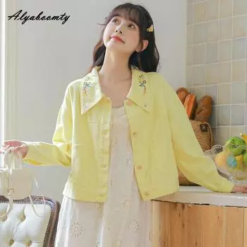 Mori Girl, весенне-осеннее женское короткое джинсовое пальто с отложным воротником и цветочной вышивкой, желтая абрикосовая куртка, свободная повседневная верхняя одежда