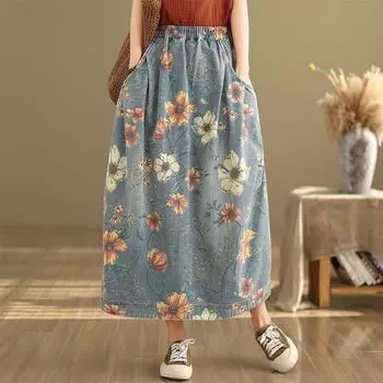 Mori Girl, весенне-осенняя женская джинсовая юбка миди, винтажная юбка с эластичной резинкой на талии и цветочным принтом, элегантная женская юбка в стиле ретро с карманами XXL синий