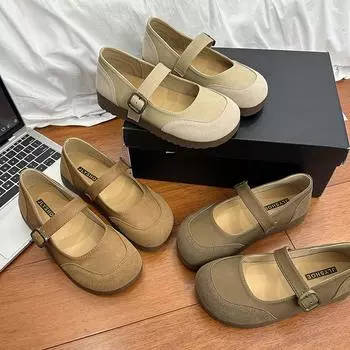 Mori ретро Мэри Джейн круглые туфли женские новые легкие замшевые туфли с пряжкой в одно слово с юбкой 35 бежевый