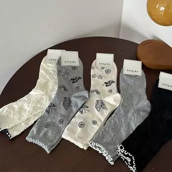 Mori Socks Women S College Wind Fungus Edge Butterfly Trend Retro Women S Cotton Socks Medium Tube Socks One Size