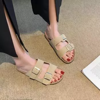 Mori women s style frosted thick-soled slippers 2025 spring and summer retro casual shoes belt buckle simple lazy cool slippers 35