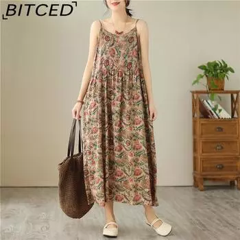 Mori женское платье-бюстье трапециевидного типа в деревенском стиле, новые летние тканые хлопковые дышащие пуловеры с принтом, платья с лямкой на шее L кофейный