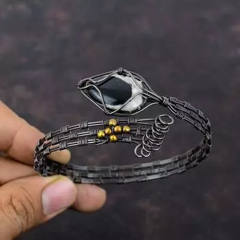 Moroccan Mud Crack Fossil Cuff Bracelet Copper Wire Wrapped Adjustable Bangle Handmade Copper Wire Wrapped Jewelry Gemstone Bangle For Gift