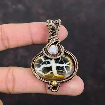 Moroccan Mud Crack Fossil Pendant Copper Wire Wrapped Pendant Handmade Copper Wire Jewelry Rainbow Moonstone Gemstone Pendant Gift For Women