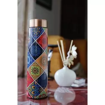 Moroccan Multicolour Designer Printed 100% Pure Sleek Copper Bottle 1 Litre | Beautiful Sleek Bottle