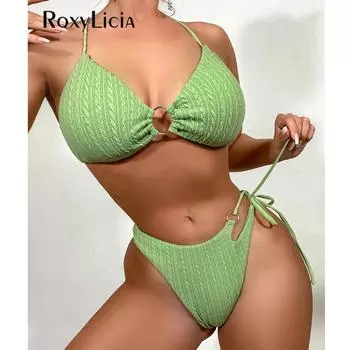 Морщинистый бикини со средней талией, женский купальник, женский купальник из двух частей, комплект бикини, купальный костюм, купальный костюм для женщин S зелёный