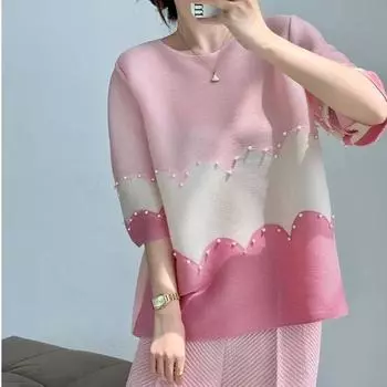 Морщинистый летний новый свободный топ с круглым вырезом и цветными блоками, элегантная и облегающая футболка One Size розовый