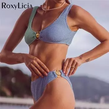 Морщинистый жатый сращиваемый металлический корпус бикини женский купальник женский купальник из двух частей комплект бикини купальный костюм для плавания S чёрный