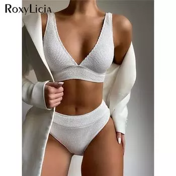 Морщинистый женский купальник с v-образным вырезом и высокой талией, женский купальник из двух частей, комплект бикини, купальный костюм, купальный костюм S синий