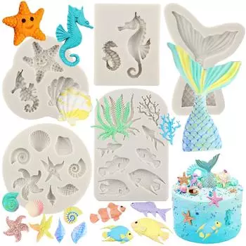 Морская тема, форма для помадки для торта, морские водоросли, рыба, морская ракушка, коралловый хвост русалки, силиконовая форма для украшения торта, конфеты, шоколадная жевательная резинка, формы для пасты синий