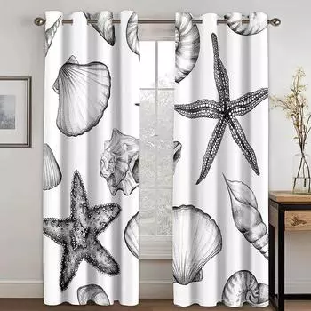 Морская тема животных и растений Высокие затемняющие шторы с рисунком ракушек Плотная занавеска-клакаут Различные стили Спальня Домашние шторы Популярные W55 X H120cm X 2&HOOK