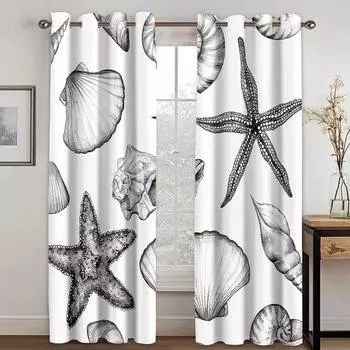 Морская тема животных и растений Высокие затемняющие шторы с рисунком ракушек Плотная занавеска-клакаут Различные стили Спальня Домашние шторы Популярные W55 X H120cm X 2&HOOK