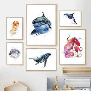 Морская жизнь, китовая акула, дельфин, осьминог, настенная живопись на холсте, постеры на скандинавскую тему и принты, настенные панно, декор для детской комнаты 21x30cm No Framed