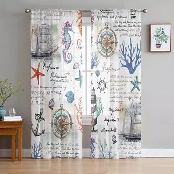 Морские растения Коралловый парусник Якорь Оконные тюлевые шторы для гостиной, спальни, отеля, роскошное украшение, прозрачные шторы 135W x 114H(cm)