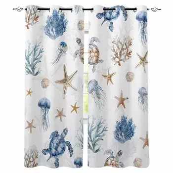 Морские существа Черепахи Морские звезды Кораллы Медузы Плотные шторы Для Гостиной Спальни Оконные Шторы Домашний Декор W135 x H60cm