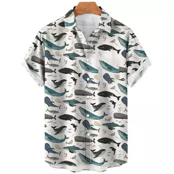 Морские животные Кит 3D принт Гавайский пляж Мужчины Женщины Повседневная мода Уличная одежда Рубашка с коротким рукавом Топы Блузка Мужская одежда 3XL