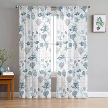 Морские звезды и ракушки Коралловые ретро-прозрачные шторы для гостиной, оконные шторы для кухни, тюль, вуаль, органза, шторы W135 x H115cm x1