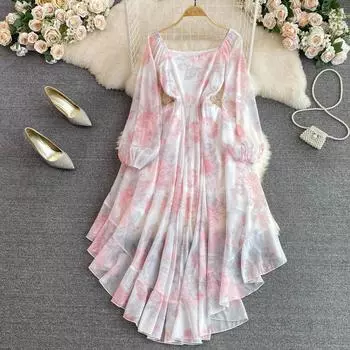 Морское праздничное пляжное платье, модное женское темпераментное шифоновое платье с квадратным воротником и пузырьками, с длинными рукавами и талией, трапециевидным принтом