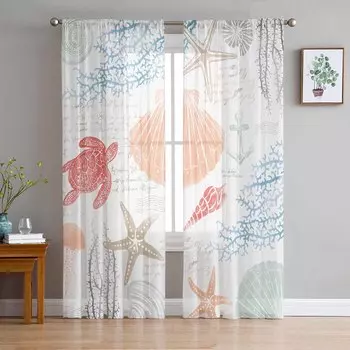 Морской Коралл Морская Звезда Черепаха Медуза Руль Корабля Красное Окно Тюлевые Шторы Гостиная Отель Роскошные Украшения Прозрачные Шторы 135W x 114H(cm)