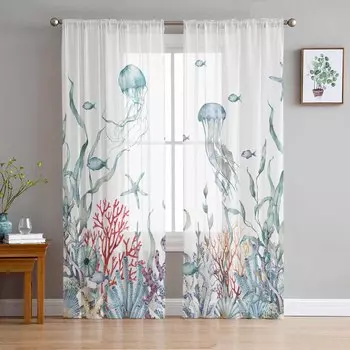 Морской коралловый летний тюль, оконные шторы для спальни, роскошные шторы для домашнего декора в гостиной, шифоновые панели 135W x 114H(cm)