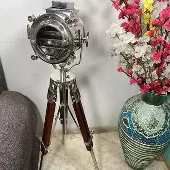 Морской никелированный серебристый прожектор, коричневый штатив, домашний декор, винтажный морской коллекционный прожектор