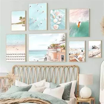Морской пейзаж Холст Плакат Серфинг Настенное Искусство Летний Пляж Морской Принт Плакаты с Ракушками Живопись Северные Настенные Картины Декор Гостиной 21x30cm No Framed
