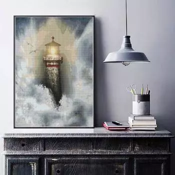 Морской пейзаж Маяк Красочный набор для рисования алмазами 35x25 см Картина 30x25CM разноцветный