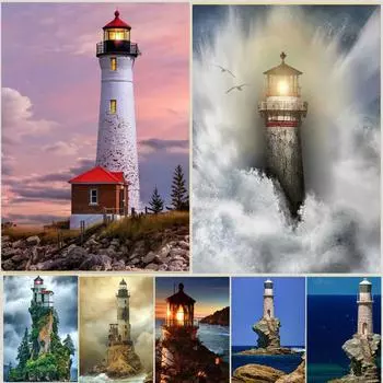 Морской пейзаж Маяк Мода Алмазная картина Custom 50x40CM Плакат 20x15CM разноцветный