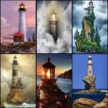 Морской пейзаж Маяк Животное 5d-алмазная картина полная дрель круглый 40x40 см плакат 20x15CM разноцветный