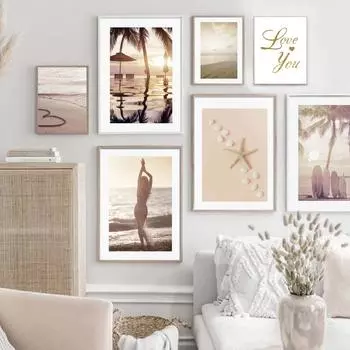 Морской пляж кокосовая пальма доска для серфинга морская звезда настенная живопись на холсте плакаты на скандинавскую тему и принты настенные панно для декора гостиной 21cm30cm NoFrame