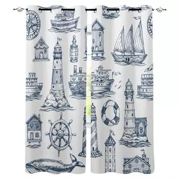 Морской якорь корабль маяк кит искусство затемняющие шторы для гостиной спальни печатные оконные шторы домашний декор W135 x H60cm