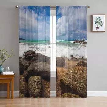 Морской риф, пляж, голубое небо, белые облака, шифоновые прозрачные шторы для гостиной, спальни, домашнего декора, оконные вуали, тюль, занавески, драпировки W135 x H114cm
