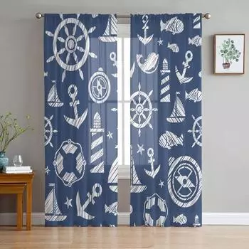 Морской синий Якорь Руль Лодка Рыба Маяк Тюль Прозрачные шторы для окон Гостиная Спальня Вуаль Органза Шторы Портьеры W135 x H115cm x1&Rod Pocket