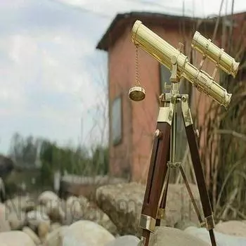 Морской винтажный морской двухствольный латунный телескоп с деревянным