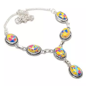 Mosaic Jasper Gemstone 925 Sterling Silver Jewelry Necklace 18 Q3E48 жёлтый