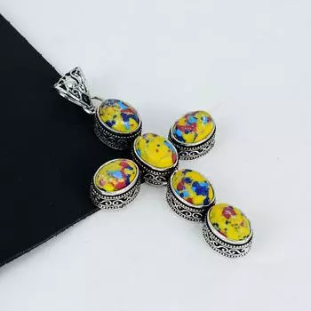 Mosaic Jasper Gemstone Pendant 925 Sterling Silver- Handmade Cross Design, Everyday Wear Jewelry, Unique Mosaic Jasper Pendant Father s Day Gifts 2.95 жёлтый