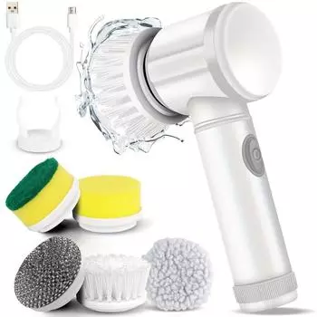 Мощная беспроводная моторизованная вращающаяся щетка - 5 сменных насадок для ванн, полов, стен, плитки, унитазов, окон, раковин 5 Brush Heads Motorised белый