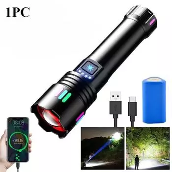 Мощный белый лазерный фонарик со светящимися полосами Перезаряжаемый TYPE-C Зуммируемый кемпинговый фонарь с индикатором заряда батареи W511-18650 1PC