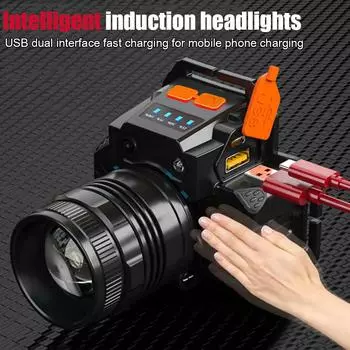 Мощный фонарь для головного убора с датчиком движения, светодиодный налобный фонарик с зарядкой от USB, водонепроницаемый для рыбалки на открытом воздухе, кемпинга, пешего туризма CHINA