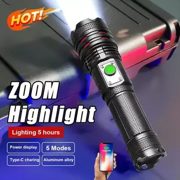 Мощный фонарик XHP70, перезаряжаемый светодиодный фонарик с телескопическим зумом для кемпинга, водонепроницаемая лампа no battery чёрный