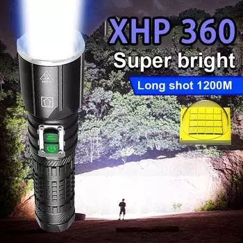 Мощный фонарик XHP 360 LED Фонарик с высокой яркостью 900000 лм Фонари с зумом Фонарь с аккумулятором Водонепроницаемые фонари D-XHP160, 18650, Type-C
