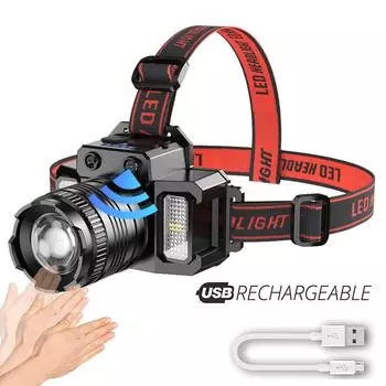Мощный светодиодный датчик налобный фонарь с возможностью масштабирования, перезаряжаемый рыболовный фонарь с красным синим светом и боковым светом COB